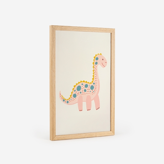 Poster de um dinossauro cor-de-rosa com bolinhas coloridas, ideal para decoração de quartos infantis e de bebé. 3